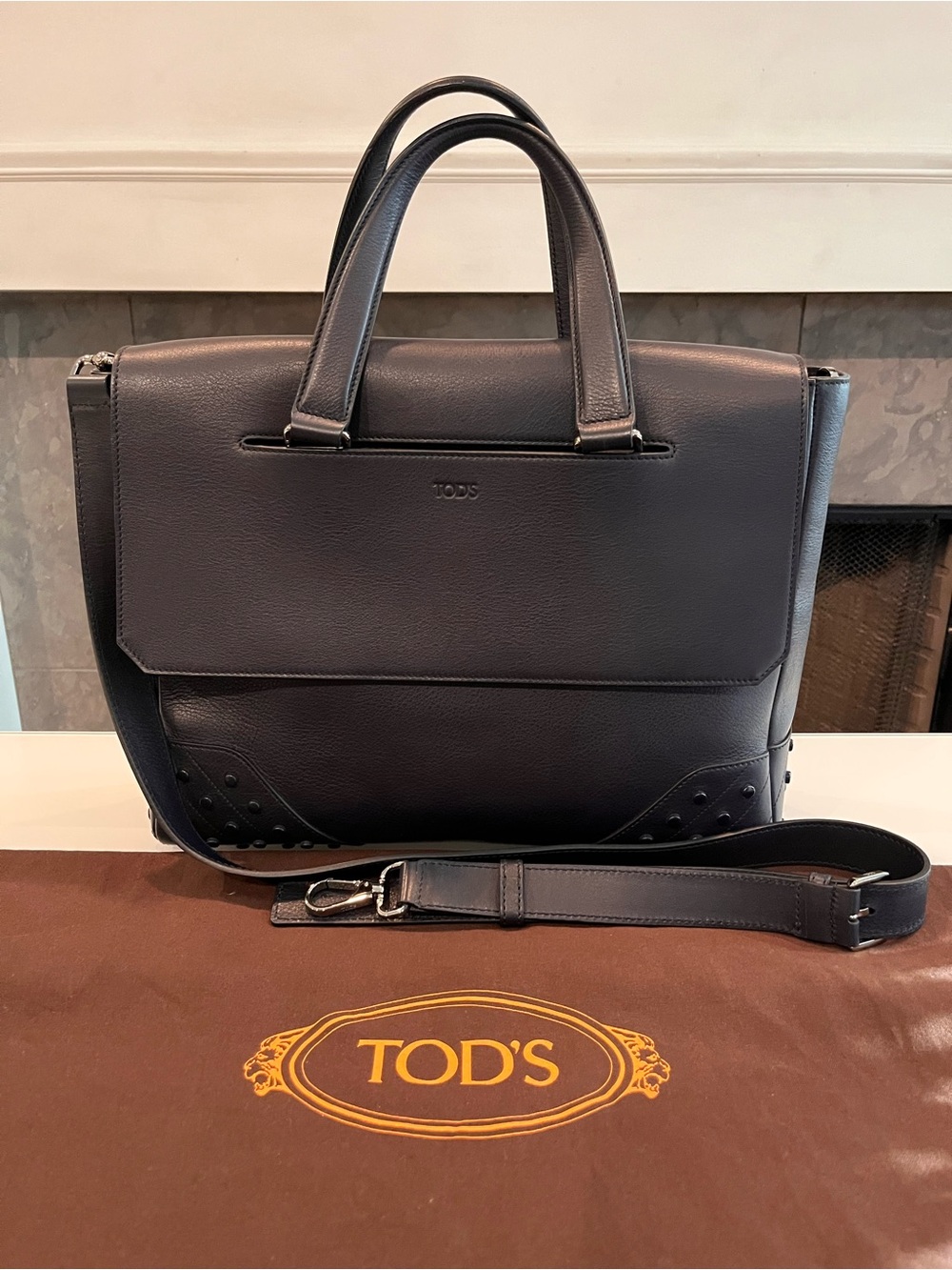 TOD'S Dark Navy Blue Leather Gommino Envelope Briefcase Messenger Bag NWOT